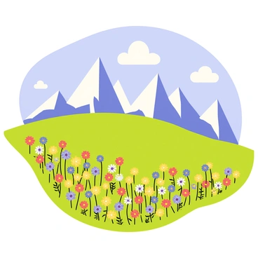 A hillside covered in a vibrant array of wildflowers in multiple colors, including red, yellow, purple, and blue. The wildflowers bloom densely across the green grass of the hillside. In the background, there are tall, snow-capped mountains with sharp peaks, contrasting against the blue sky. Fluffy white clouds float above the mountains, adding to the scenic view. The scene conveys a sense of beauty and natural abundance.