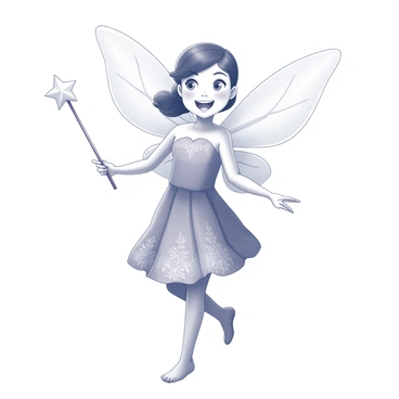 A girl is standing with a broad smile on her face. She is wearing a fairy costume that features a shimmering dress with intricate patterns. Her wings are large and delicately shaped, resembling those of a butterfly, with fine details depicting veins. In her right hand, she holds a wand that has a star-shaped tip, pointing upwards. The girl's hair is tied back in a playful manner, and she has a playful pose, perhaps tilting her head slightly to the side. The scene conveys a sense of joy and fantasy.