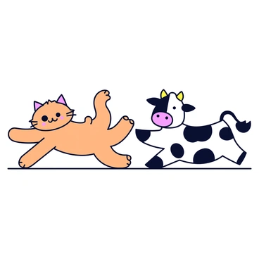 A cartoon cat with large, round eyes and a mischievous grin is stretching its front legs forward. Next to the cat is a cartoon cow, distinguished by its black and white spots, also stretching its legs but with a surprised expression. The cat has fluffy fur that appears to ripple as it stretches, while the cow's ears flop playfully. They are positioned side by side on a simple, flat surface, with their bodies playfully aligned. The background is a solid color, emphasizing the characters' humorous interaction.