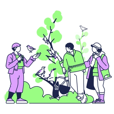 A small group of birdwatchers stands amidst tall trees in a forest. Each birdwatcher is holding binoculars and wearing outdoor clothing appropriate for nature observation. In the foreground, one birdwatcher is pointing towards a tree, while another is taking notes in a small notebook. Several birds of diverse species are perched on branches, each with distinct features. In the background, a few more birdwatchers are quietly observing the wildlife, clearly engaged in watching the birds. The scene captures a blend of nature enthusiasts and the vibrant avian life around them.