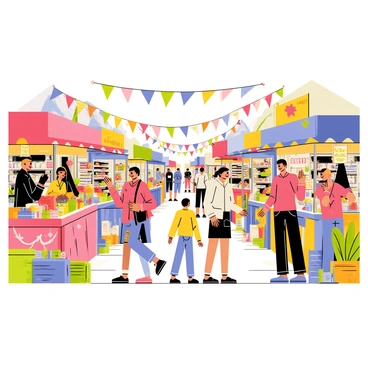 A lively outdoor market filled with colorful stalls. Vendors are displaying an array of goods, including fresh fruits, vegetables, handmade crafts, and textiles. Customers are animatedly haggling over prices, some gesturing with their hands, expressing enthusiasm. The scene is filled with a variety of characters, including families, children, and tourists exploring the market. Bright banners and signs hang above the stalls, and the sun casts cheerful shadows across the bustling atmosphere.