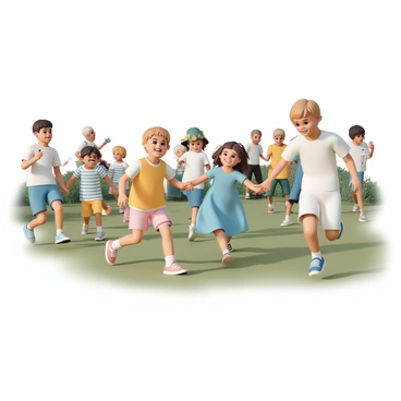 A group of children, wearing colorful party outfits, are playing together on a grassy area at a wedding reception. Some children are running, while others are engaged in a game of tag, their faces bright with laughter. One child, wearing a blue dress, is holding hands with another, dressed in a white shirt and shorts, both smiling joyfully. In the background, a few adults are standing in small clusters, chatting and enjoying drinks, adding to the lively atmosphere of the celebration. The sunlight filters through the trees, creating a warm glow over the scene.