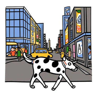 A Dalmatian with black spots is walking along a busy city street. The dog has a sleek coat and a focused expression as it navigates the bustling environment. Surrounding the Dalmatian are tall buildings with glass windows reflecting the sunlight. People are walking on the sidewalk, and cars are driving by, adding to the lively atmosphere of the city. Bright signs and advertisements are visible on the buildings, contributing to the vibrant urban scene.