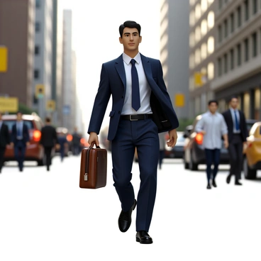 A businessman with short black hair, wearing a tailored navy blue suit and a white dress shirt. He has a matching tie and polished black dress shoes. He is hurrying along a bustling city street filled with people, cars, and tall buildings in the background. In his right hand, he is holding a brown leather briefcase tightly against his side. His expression is focused and determined as he navigates through the crowd.