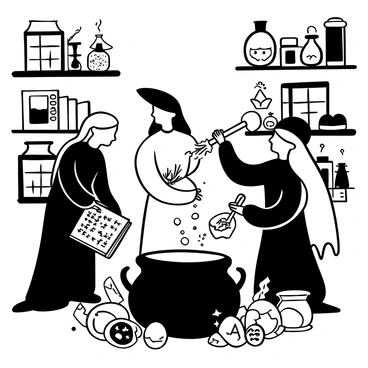 Three witches in flowing robes stand around a large cauldron, each intently focused on their task. The first witch, with long hair, carefully adds a sprig of dried rosemary while holding a tattered book of spells open beside her. The second witch, with a pointed hat, pours a shimmering liquid from a glass vial, creating ripples in the cauldron. The third witch, with wild hair, stirs the potion with an ornate wooden ladle, releasing wisps of smoke. Various peculiar ingredients are scattered around: glimmering crystals, a skull, and jars filled with strange objects. In the background, shelves are lined with bubbling potions and ancient tomes.