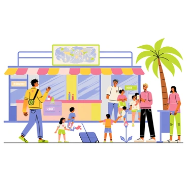 A busy airport terminal filled with travelers and colorful signage. In the foreground, a surprised traveler with tousled hair and a backpack looks back at the empty spot where their suitcase was left behind. Around them, vibrant shops and restaurants bustle with activity. A whimsical map of the world is displayed on a nearby wall, showcasing various adventure destinations. A group of cheerful children play with toy airplanes near a large departure screen. In the corner, a friendly airport staff member is helping a family, while a tall palm tree adds a touch of nature to the scene.