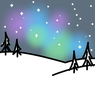A snowy landscape featuring a vast expanse of white snow under a starlit sky. "The northern lights" are vividly illuminating the sky with shades of green, purple, and blue. The snow on the ground reflects the colors of the lights, creating a magical effect. In the foreground, there are silhouettes of snow-covered trees, standing tall against the radiant backdrop. The scene captures the beauty of the natural phenomenon in a clear, detailed manner.