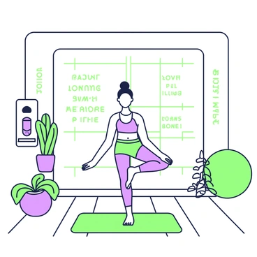 A yoga studio with wooden floors and large windows allowing natural light to filter in. In the center, there is a person practicing pelvic tilts on a green yoga mat. The individual is dressed in comfortable athletic wear and has their eyes closed, focusing on their movements. Surrounding them are potted plants adding a touch of nature to the space. The walls are adorned with motivational quotes in green lettering, and a small water dispenser is positioned in the corner. At the back, a soft green cushion rests against the wall, providing additional comfort for practitioners.