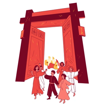 A red gate stands tall, adorned with intricate designs, leading into a bright, inviting space. A group of cheerful figures is seen approaching the gate, their faces radiating joy and hope. Each figure is dressed in flowing garments, with a mix of colors that illuminate their presence. The scene conveys a sense of unity as the figures move together, their hands reaching forward toward the gate. Soft beams of light seem to emanate from the gate, creating a warm and welcoming atmosphere around the scene.