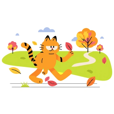 A cartoon-style illustration of "Garfield" the cat, with his classic orange and black striped fur, strolling leisurely through a park. The park features green grass and a winding path, with vibrant autumn leaves in shades of red, orange, and yellow falling gently around him. In the background, there are a few trees with colorful foliage, and a clear blue sky overhead. "Garfield" has a relaxed expression, enjoying his walk amidst the autumn scenery.