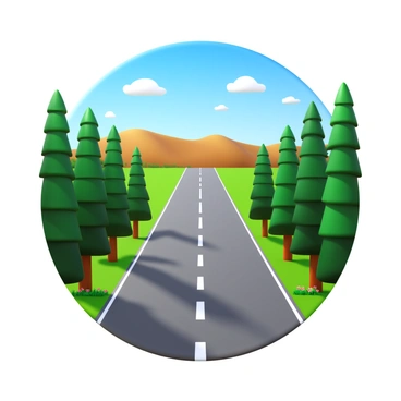 A scenic state highway stretching through a landscape, flanked by tall trees on both sides. The trees feature a variety of greens, casting shadows on the road. In the background, distant hills rise gently, displaying a gradient of earthy tones. The sky above is clear with a few fluffy white clouds scattered throughout. The road is well-maintained, inviting exploration, and there are small patches of wildflowers along the roadside, adding pops of color to the scene.