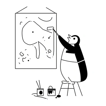 Feathers McGraw, a rounded penguin character with a prominent beak, is standing on a ladder, holding a paintbrush. He is focused on painting a mural on a large wall. The wall features various fun designs, including abstract shapes and playful patterns. Feathers is wearing a painter's apron, and there are paint cans and brushes scattered around the base of the ladder. The scene captures the action of painting, with splatters of paint visible on the ground and on Feathers' apron.