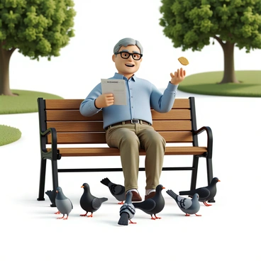A smiling retiree with gray hair and glasses sits on a wooden park bench. He is wearing a light blue button-up shirt and khaki pants. In one hand, he holds a pension statement, while in the other hand, he tosses pieces of bread toward a group of pigeons gathered at his feet. The scene is set in a green park with trees and soft grass in the background. A few pigeons are flapping their wings and pecking at the ground around him. The retiree has a content expression on his face, enjoying the moment.