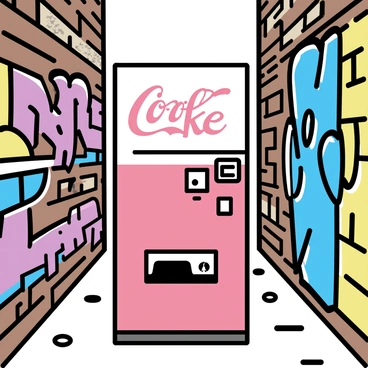 A retro Coke vending machine, featuring the classic red and white logo, stands in the center of a narrow alleyway. The metal surface of the vending machine shows signs of wear, with some faded paint and rust. Surrounding the machine, the brick walls are covered in vibrant graffiti, displaying a mix of colorful designs and tags. The ground is made of uneven cobblestones, with a few scattered pieces of litter nearby. Soft light filters into the alley, highlighting the textures of the machine and the graffiti.