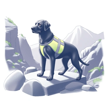 A black Labrador retriever is prominently featured in a rugged mountainous landscape. The dog is wearing a bright safety vest that identifies it as a rescue animal. Its posture is alert and focused, as it stands on a rocky outcrop, surveying the surrounding terrain. In the background, steep cliffs and scattered boulders rise high, with hints of greenery peeking through the cracks. The sky is clear and expansive, suggesting a bright day, while the foreground shows the dog in a determined stance, ready for action.