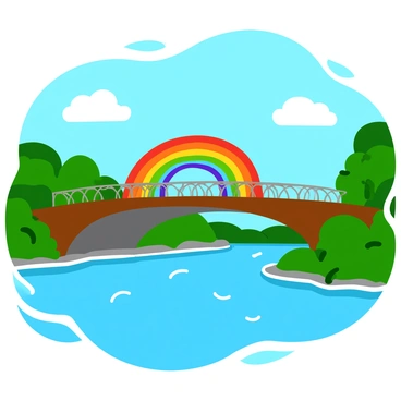 A bridge with intricate designs, where the structure seamlessly transforms into a vibrant rainbow, arching gracefully over a calm river. The river reflects the colors of the rainbow, shimmering under the sunlight. Surrounding the riverbank are lush green trees with bright leaves, enhancing the lively atmosphere of the scene. The sky above is clear blue, providing a perfect backdrop for the colorful display.