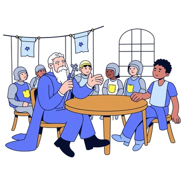Merlin, an old wizard with a long white beard, sits at a round wooden table. He wears a deep blue robe adorned with silver stars and holds a gnarled staff in one hand. Across from him, a young King Arthur, dressed in a simple tunic, listens intently. The table is surrounded by a group of knights, each wearing different armor pieces. The room is softly lit, with banners hanging on the walls, and a large window allows light to filter in. Merlin gestures with his free hand, emphasizing his advice while Arthur looks thoughtful and engaged.