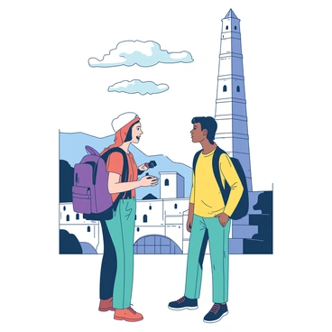 Two travelers are standing at the base of a grand historic monument, both looking up in surprise. One traveler has a backpack slung over one shoulder and is wearing a teal jacket, while the other is dressed in a bright yellow shirt and holding a camera. They both share expressions of excitement and curiosity as they look at each other, realizing they are both visiting the landmark at the same time. The scene captures the moment of their unexpected meeting against the backdrop of the towering structure.