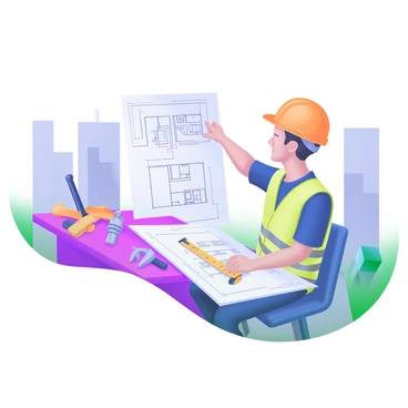A contractor studying blueprints at a construction site desk with tools scattered around