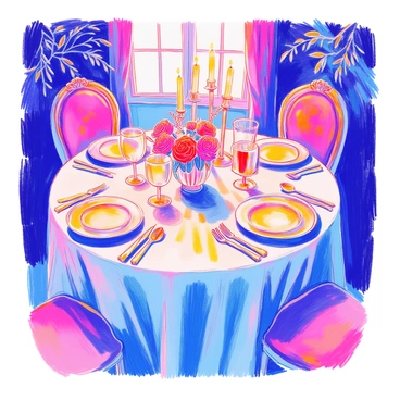 A romantic dinner setting features a round table elegantly covered with a soft white tablecloth. The table is adorned with elegant dinnerware, including fine china plates, crystal stemware, and polished silver cutlery. At the center, a small bouquet of red roses is placed in a delicate glass vase. Soft candlelight flickers from multiple candles arranged in decorative holders, casting a warm glow across the table. Surrounding the table are two chairs, each with plush cushions, inviting guests to sit and enjoy the ambiance. The overall arrangement creates an intimate and inviting atmosphere.