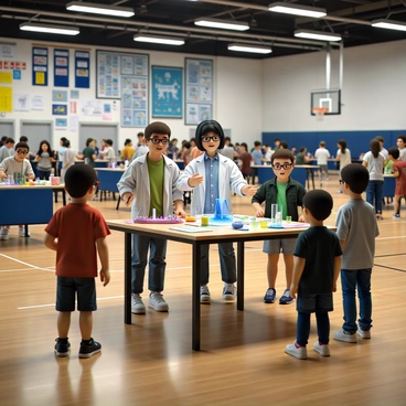 A high school science fair taking place in a large gymnasium filled with colorful posters and displays. In the foreground, a student with short black hair and glasses is standing beside a table set with scientific equipment for demonstrating the "Raman effect." The student is wearing a lab coat and is enthusiastically explaining the experiment to a small group of curious visitors, which includes a parent and a younger sibling. On the table, there are a laser pointer, a prism, and various samples that are being illuminated. The atmosphere is lively, with other students showcasing their projects in the background and a banner that reads "Science Fair 2023" hanging from the ceiling.