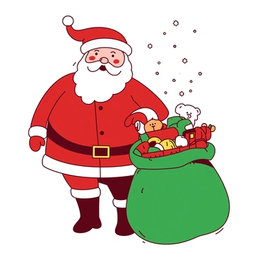 A red Santa Claus is wearing a large red suit that is adorned with white trim. He has a fluffy white beard and a cheerful expression on his face. Santa is standing next to a large green bag filled with colorful toys that is slung over his shoulder. The bag is overflowing with various toys, including a teddy bear, a toy train, and a doll peeking out. Snowflakes are gently falling around him, adding to the festive atmosphere.