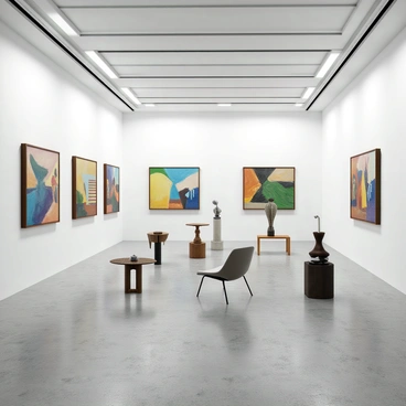 A modern art gallery featuring a spacious layout with white walls and polished concrete floors. Various paintings are displayed on the walls, showcasing a mix of abstract and contemporary styles with vibrant colors and bold shapes. In the center of the room, there are several sculptures made from different materials, including metal and glass, each with unique designs and textures. Soft lighting illuminates the artworks, creating gentle shadows and highlighting their details. The atmosphere is inviting, with minimalist furniture placed for visitors to sit and appreciate the art.