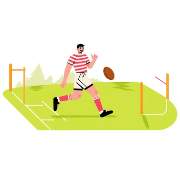 An old-fashioned rugby player is wearing a classic striped jersey and long shorts, with knee-length socks and sturdy boots. He is poised to kick a brown leather rugby ball on a vintage rugby field that features well-maintained grass and white chalk line markings. The background includes wooden goal posts and distant trees. The player has a focused expression as he swings his leg back, ready to make the kick.
