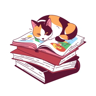 A calico cat with distinct patches of orange, black, and white fur is sitting atop a stack of books. The cat is leaning forward, curiously peeking at an open storybook that is resting on the top book. The storybook has colorful illustrations visible on the pages, adding an element of whimsy. The stack of books consists of various sizes, with some leaning slightly, creating an interesting composition. The background is softly blurred, focusing on the cat and the stack of books.