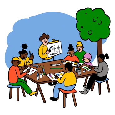 An outdoor workshop featuring a group of diverse aspiring artists sitting at wooden tables under a bright blue sky. In the foreground, a famous illustrator with light skin and curly hair is demonstrating a drawing technique, holding a sketchpad and a pencil. Surrounding him are artists of various descents, each focused on their own drawings, with pencils and paints scattered across the tables. Some artists are taking notes, while others are intently observing the illustrator's demonstration. Lush green trees provide shade in the background, creating a vibrant atmosphere for creativity and learning.