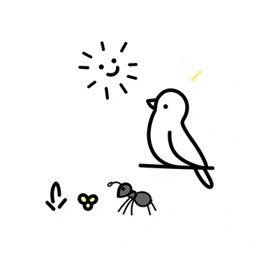 A colombe, with soft white feathers and a gentle expression, is perched on a delicate branch. Below, an ant, small and detailed with segmented body and antennae raised, is looking up at the colombe. The background features simple, lightly sketched elements like a few blades of grass and a small flower. Above them, a whimsical sun with a smiling face sends down rays of light, creating a cheerful atmosphere. The entire scene captures a moment of friendship between the colombe and the ant.