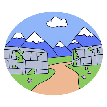 A stone wall made of uneven gray stones, positioned along a dirt hiking trail. The wall has patches of green moss growing in the crevices. In the background, there are tall mountains with jagged peaks, partially covered in white snow. The sky is bright blue with a few fluffy white clouds scattered across it. The hiking trail is surrounded by patches of grass and small wildflowers.