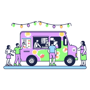 A food truck is parked on a vibrant street, its exterior decorated with various images of food items. The truck has a large window from which the staff can be seen preparing meals. A line of eager customers stands in front of the truck, each one holding a menu and looking excited. The customers include a diverse group of individuals: a child pointing towards the menu, a couple discussing their choices, and a person taking a photo of the truck. In the background, there are decorative string lights overhead, adding atmosphere to the scene.
