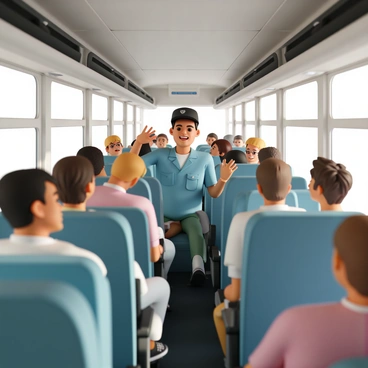 A bus driver, wearing a blue uniform and a black cap, is seated at the front of a long, modern bus. He has short brown hair and is smiling as he gestures animatedly while sharing stories. Passengers of various ages are seated in the rows, some leaning forward with interest and others laughing or smiling in response to the stories. The interior of the bus features comfortable seats and overhead luggage compartments. Bright sunlight filters through the large windows, illuminating the scene and creating a warm atmosphere.