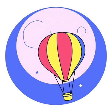 A hot air balloon with a rounded shape is floating gracefully in the sky. The balloon features a vibrant, multicolored pattern with stripes of red, yellow, and blue. It is silhouetted against a large, pale moon that occupies a significant portion of the background. The moon has a smooth, luminous surface, casting a soft glow that subtly illuminates the edges of the balloon, highlighting its shape against the night sky. The scene is tranquil, with a few scattered stars twinkling around the moon.