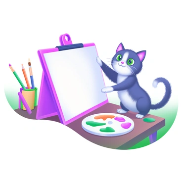 A curious cat with fluffy fur and bright green eyes is pawing at a "1/8 illustration board" placed on a wooden artist's table. Surrounding the board are various art supplies, including colorful pencils, paintbrushes, and a palette with vibrant paint splotches. The scene is well-lit, highlighting the textures of the table and the soft fur of the cat. The cat's paw is playfully touching the edge of the board, showcasing its interest in the artistic materials.