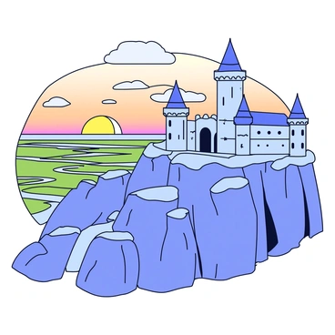 A grand castle with tall towers and intricate stonework sits atop a rocky cliff. The castle features large arched windows and a central gate. The cliff is jagged and rugged, showing details of textured stone. The sky is filled with soft hues of orange and pink, indicating dawn, and a few wispy clouds can be seen. The view captures the vast landscape stretching out below the cliff, with patches of green fields and winding rivers visible in the distance.