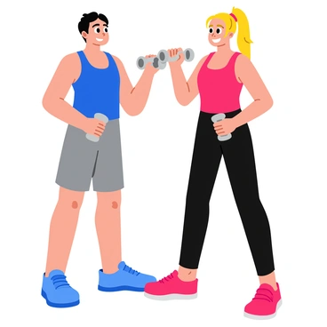 Two friends are standing side by side, joyfully encouraging each other while performing bicep curls with dumbbells. One friend, a tall individual with short black hair, is wearing a blue tank top and gray workout shorts. The other friend, slightly shorter with long blonde hair tied in a ponytail, is dressed in a bright red tank top and black leggings. They are both using matching silver dumbbells and displaying smiles on their faces, showcasing a supportive atmosphere. The background features a simple gym setting with exercise mats and a few weight racks in the distance.