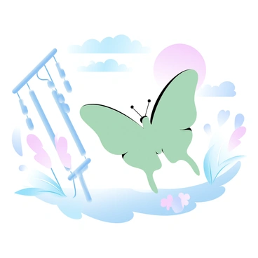 A luna moth with large, pale green wings is gracefully flitting near a set of shimmering wind chimes. The wind chimes are made of bamboo and metal, creating a gentle melody as they sway in the breeze. In the background, the setting sun casts soft pastel colors across the evening sky. Delicate strands of grass are gently swaying, and a few flowers can be seen nearby, adding to the tranquil atmosphere of the scene.
