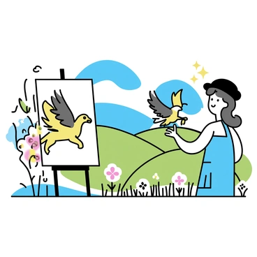 A human artist, wearing a blue apron and a black beret, is standing in front of an easel. The artist is focused on painting a griffon with a lion's body and an eagle's head. The griffon is depicted mid-flight, with its wings spread wide. The landscape around the artist is filled with rolling green hills, bright blue skies, and a rainbow of colorful flowers scattered throughout. A few trees with colorful leaves are visible in the background. The artist's canvas showcases the griffon in detail, capturing its majestic features and vibrant colors.