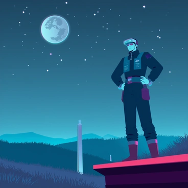 A lone guard with a stern expression, dressed in a dark, high-tech uniform, is standing on a raised platform. He is equipped with a futuristic visor that displays various data and feeds. The night sky is filled with stars, and a faint light from a nearby moon illuminates the silent landscape below. In the foreground, there are rolling hills covered with grass, and a few metallic structures peeking through the darkness. The guard's posture is alert, and he is scanning the area with a handheld device that emits a soft glow.