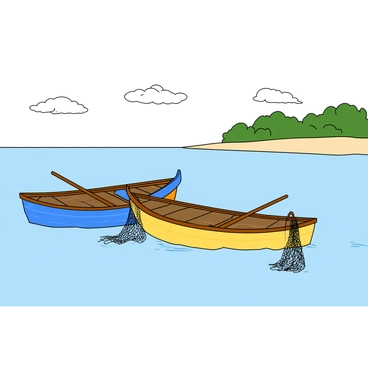 A picturesque scene featuring two old-fashioned wooden fishing boats gently bobbing on a calm sea. The boats are painted in bright colors, with one boat being a vibrant blue and the other a cheerful yellow. Each boat is equipped with a large, intricately woven fishing net draped over the side. The sea is a tranquil shade of light blue, reflecting the soft sunlight. In the background, a few fluffy white clouds are scattered across the sky. The shoreline is faintly visible, adorned with a line of lush green trees swaying slightly in the breeze.