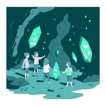 A group of children stands in a dark cave, illuminated by the soft glow of large, colorful crystals embedded in the rocky walls. Each child has a look of wonder on their faces as they explore the cave. The crystals emit a mix of teal and white light, casting enchanting reflections on the cave surfaces. Some children are reaching out to touch the crystals, while others point excitedly at the different shapes and sizes of the crystals around them. The cave floor is uneven, with scattered stones and patches of moss, adding an adventurous feel to their discovery.