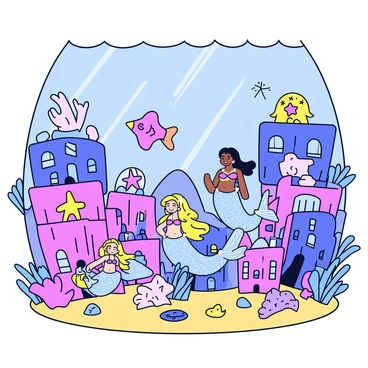 An underwater city filled with vibrant coral buildings in various shapes and sizes. Mermaids with flowing hair and shimmering tails swim gracefully between the structures. Colorful sea creatures, including fish and starfish, dart through the water, adding liveliness to the scene. Sunlight filters down from the surface, creating patterns on the sandy ocean floor. The coral buildings are decorated with shells and seaweed, enhancing the whimsical atmosphere of the city.
