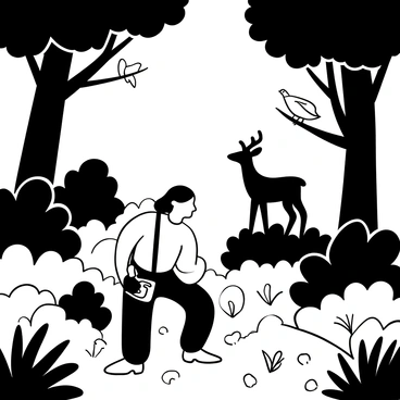 A man with a camera slung around his neck is crouched down on a forest floor covered with leaves and small plants. He is focused on taking a photo of a deer that is partially hidden behind some bushes, showing its silhouette. The background is filled with tall trees, their trunks thick and textured, and dense foliage creating a sense of depth. Sunlight filters through the branches above, casting intricate patterns of light and shadow on the ground. Various birds can be seen perched on the tree branches, adding to the lively atmosphere of the forest.