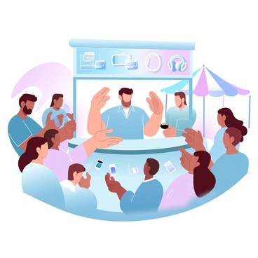 A tech enthusiast is standing behind a kiosk filled with a variety of gadgets including smartphones, smartwatches, and headphones. The kiosk is decorated with colorful banners showcasing the latest technology. Surrounding the kiosk are curious customers of diverse backgrounds, examining the gadgets with interest. Some customers are holding devices in their hands, while others are reaching out to ask questions. The market is lively, with colorful tents and stalls visible in the background, creating a vibrant atmosphere.