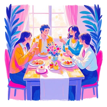 A family is gathered around a wooden dining table, joyfully raising glasses filled with sparkling drinks in celebration of an engagement. The table is adorned with a white tablecloth and a centerpiece of fresh flowers in a vase. There are plates of appetizers, and a small cake sits at one end of the table, decorated with icing. The family members include a man and woman in formal attire, a young couple, and an older couple, all smiling and looking at each other. Soft lighting illuminates the scene, creating a warm and festive atmosphere.