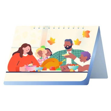 A November calendar page is displayed prominently, with the date neatly marked. In the center, a family of four is gathered around a large wooden dining table, which is laden with a festive Thanksgiving meal. There is a golden-brown roasted turkey at the center, surrounded by various side dishes such as mashed potatoes, green bean casserole, and cranberry sauce in colorful bowls. The family members, including a woman with long brown hair wearing a red sweater, a man with a beard in a plaid shirt, a young girl with curly hair in a floral dress, and a teenage boy with short hair in a white shirt, are smiling and passing dishes to one another. The background features autumn-themed decorations, including orange and yellow leaves hanging on the walls. A warm glow from a nearby window illuminates the scene, creating a cozy atmosphere.