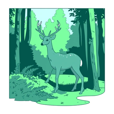 A teal deer stands gracefully among tall trees in a lush green forest. Sunlight filters through the leaves, casting dappled shadows on the forest floor. The deer has a shiny coat with delicate white spots and is looking curiously towards the viewer. Nearby, there are ferns and small bushes providing a rich tapestry of greenery. The background is filled with tall, vibrant trees, creating a sense of depth and calm in the scene.