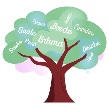 A large tree with a thick brown trunk stands prominently. Its branches extend outward, forming a wide canopy. The leaves of the tree are composed of various vocabulary words, each leaf displaying a different word in a clear font. The words are arranged in a vibrant and colorful manner, creating a visually interesting texture among the green foliage. The background features a soft gradient of pastel colors, enhancing the focus on the tree.